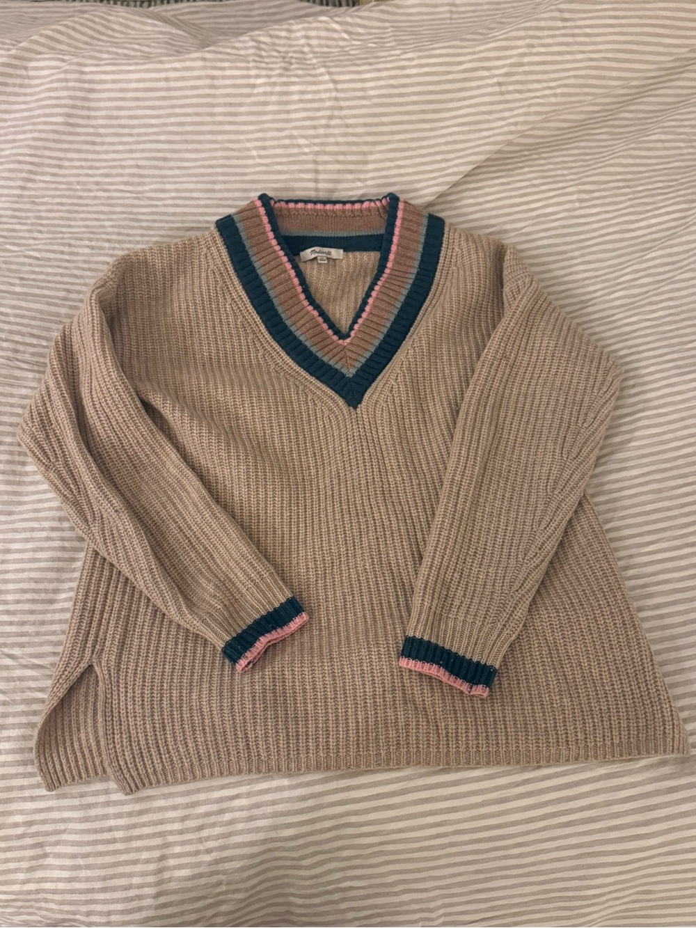 Madewell Beige V-Neck Knit Sweater with Pink & Teal Trim